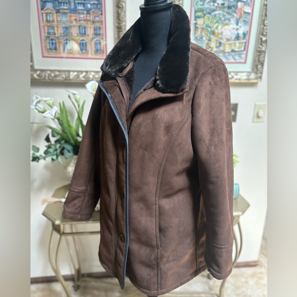 NAUTICA Brown Teddy Coat with Faux Suede & Black Faux Fur Collar Winter Ski Sz M - Picture 5 of 9